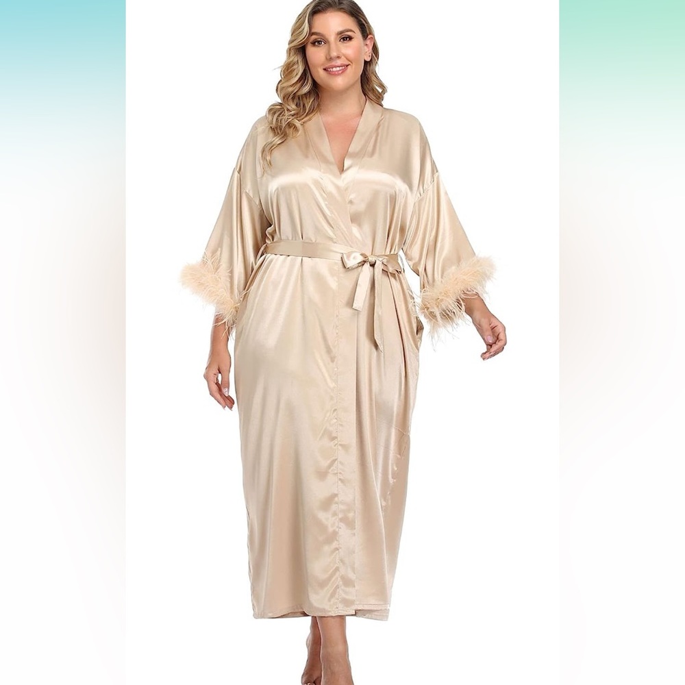 Satin Long Robe with Feathers Champagne